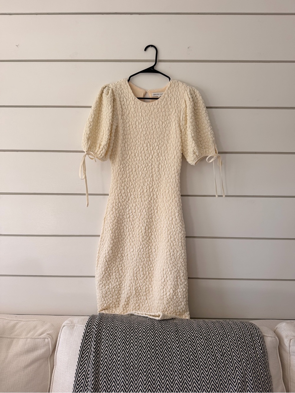 Anthropologie Cream Textured Puff-Sleeve Midi Dress with Tie Details
